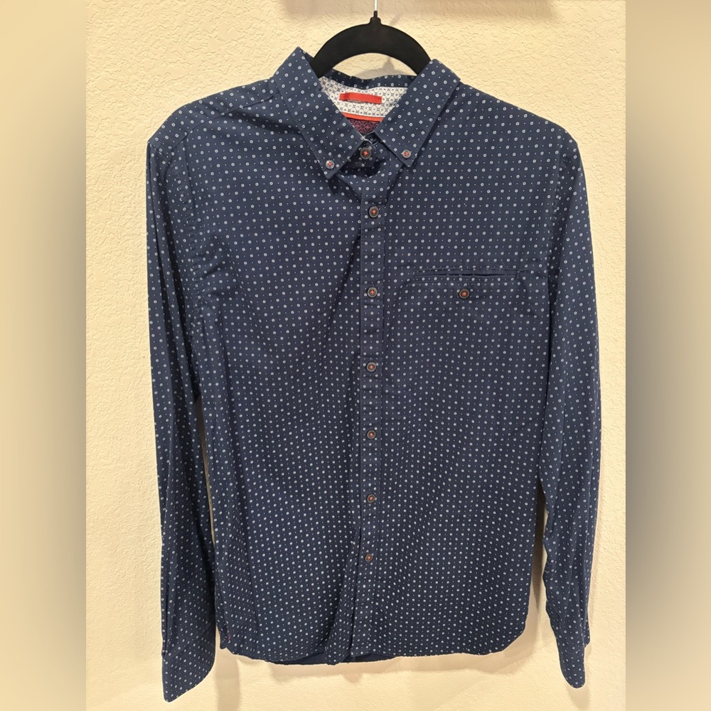 Denim & Flower Slim Fit Button Down Shirt Navy Micro Print Men Size M Casual